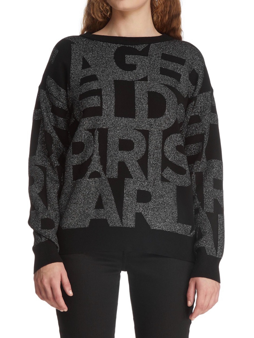 Karl Lagerfeld Paris Black Sweater with Silver Metallic Logo-Letter Women Size:L